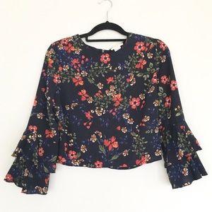InTu Navy Floral Bell Sleeved Crop Top Blouse M